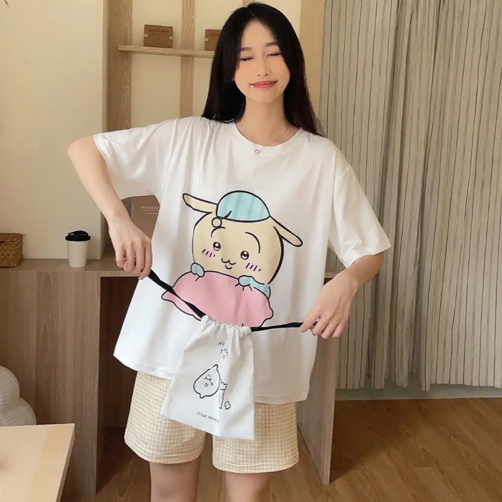 Cute 2Pcs Kawaii Chiikawa Pajamas Suit Women Lounge Clothes Anime Summer Short Sleeves Shorts Sleepwear Girls Student Homewear