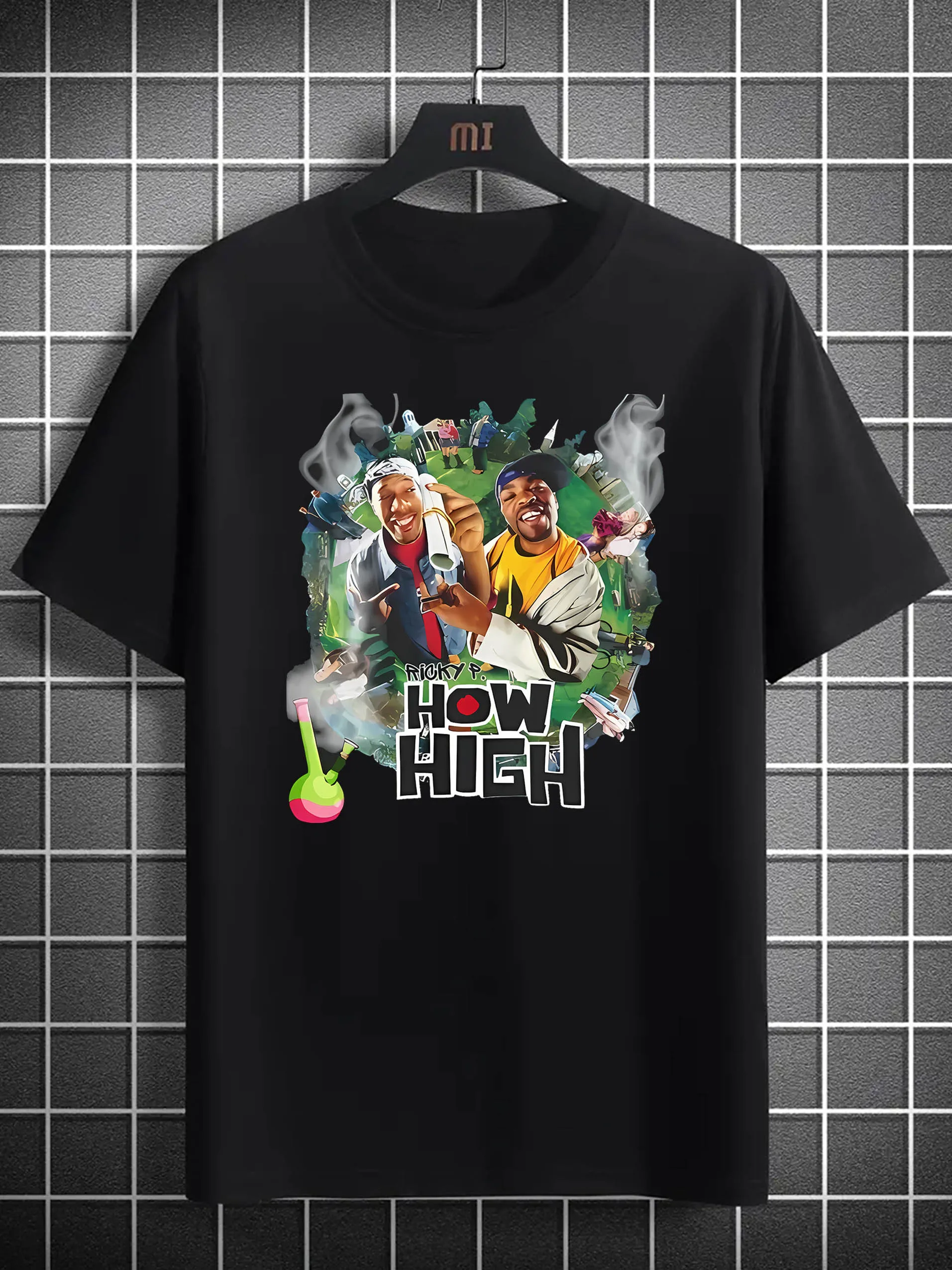 

[Cool Graphic Tee] Lightweight Polyester Men's "HOW HIGH" Graphic Tee Bold Red Crew Neck Short Sleeve T-Shirt