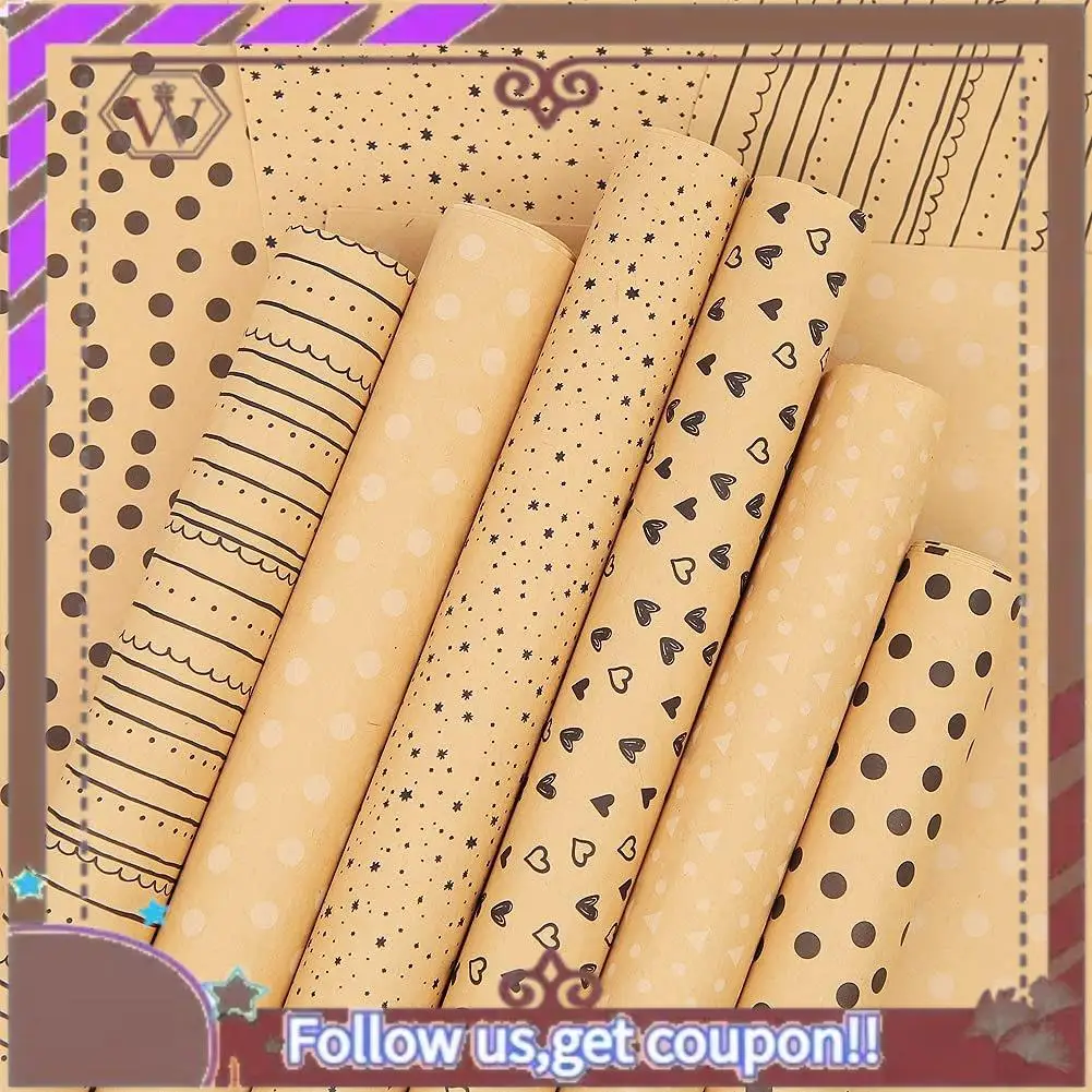 ورق تغليف الهدايا ABBG-Kraft، ورق تغليف عيد الميلاد، 6 أوراق ورق تغليف بني كرافت مع علامات أوتار الجوت والملصق