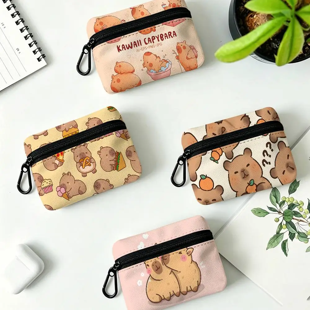 Cute Capybara Lightweight Oxford Fabric Coin Purse Carabiner Hook Design Mini Card Key Organizer Bag