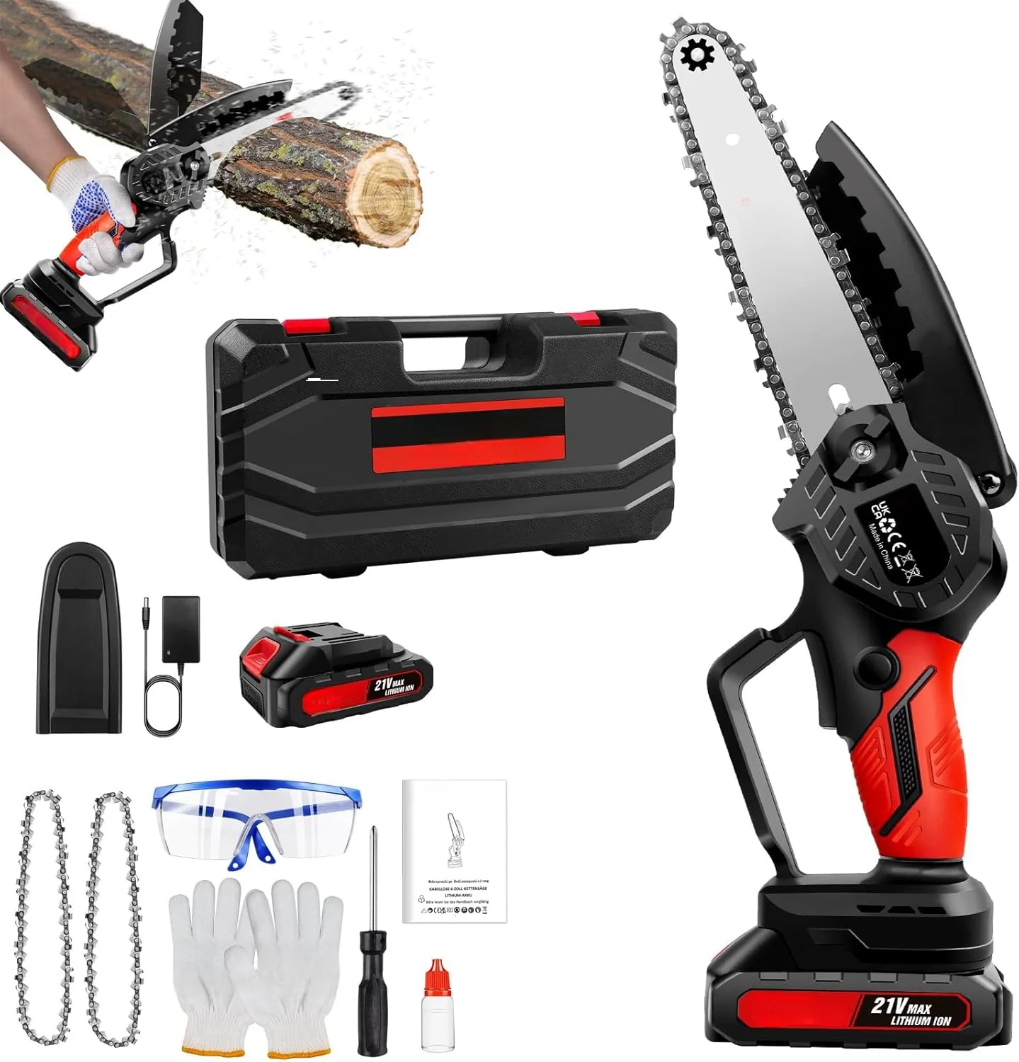 Mini Chainsaw 21V with Battery & Charger Woodworking with Small Handheld Electric 6-inch Logging Sawzall Mini Portable Chainsaw