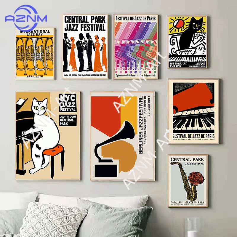 Pósteres de lienzo con diseño de gato negro del Festival de Jazz de Montreux, estilo vintage, impresiones artísticas de pared para la sala de estar, decoración del hogar