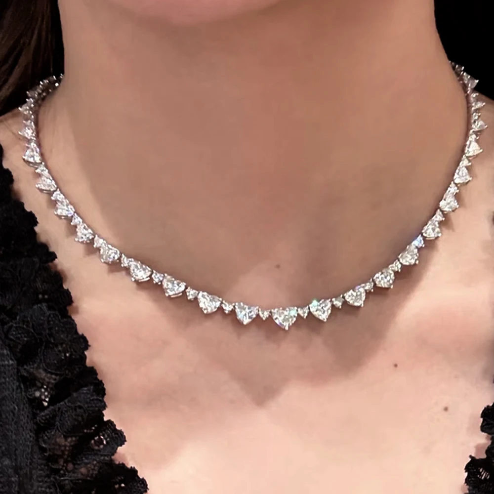 6.5/5 mm Heart Cut Full Moissanite Tennis Necklace for Women D Color Diamond with Certified S925 Sterling Silver Clavicle Chain