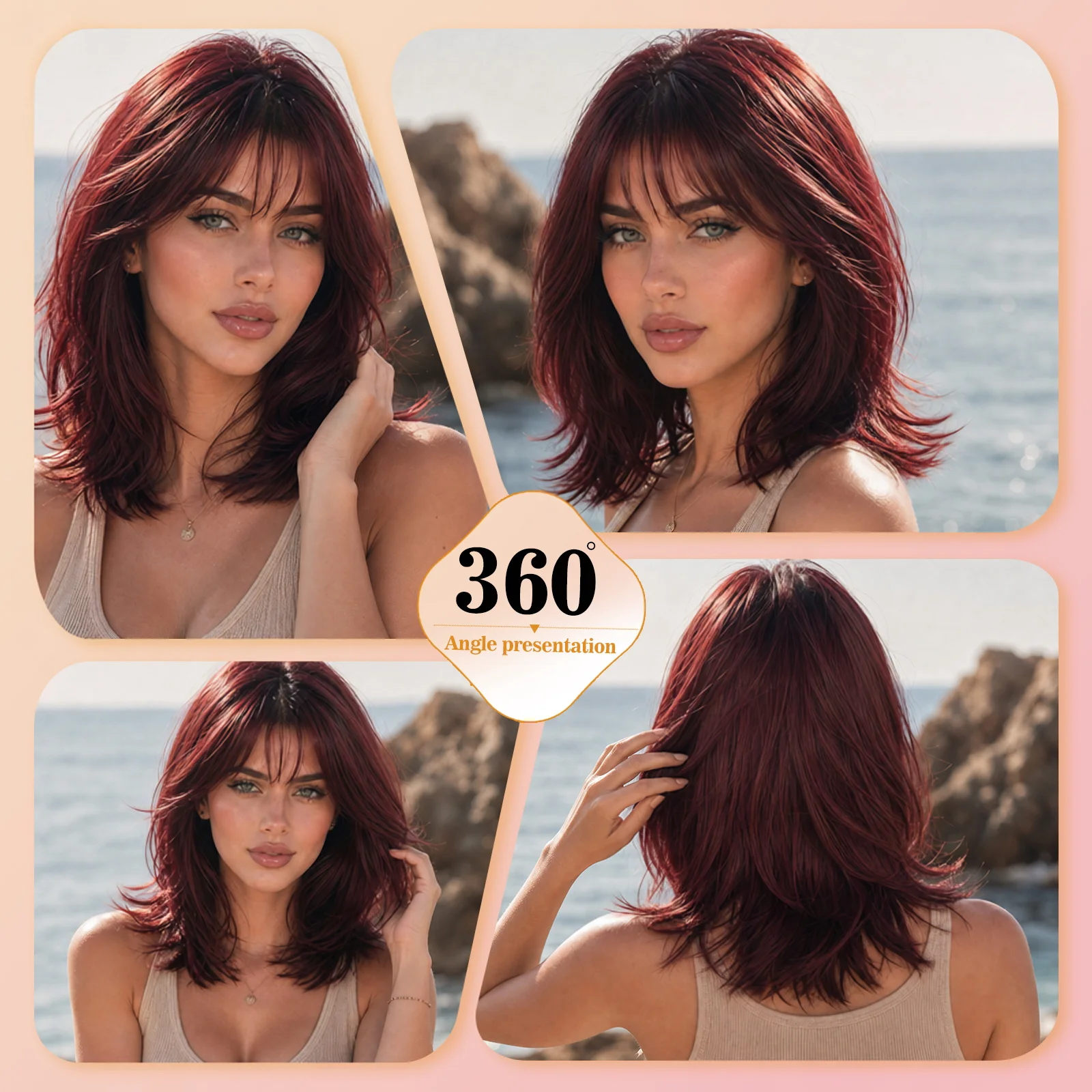 Medium Straight Burgundy Red Synthetic Wig Heat Resistant Fiber Natural Looking Soft Textured Hair for Women Daily Party Cosplay