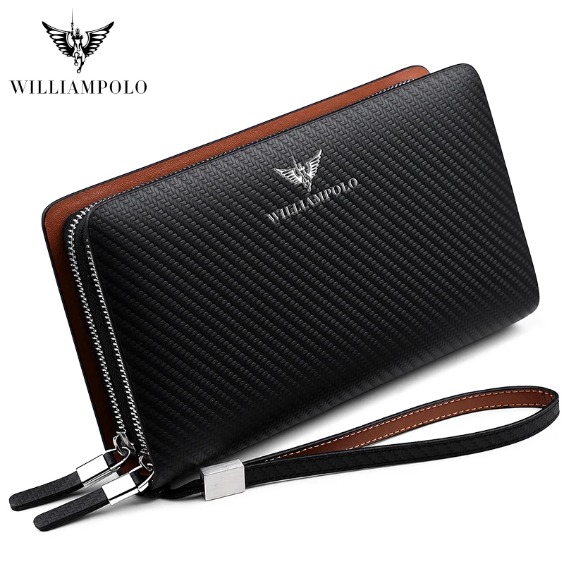 WILLIAMPOLO Men\'s Wallet Business Large Capacity Clutch Bag Genuine Leather Clutch Wallet Double Zipper Handbag Long Men Wallet