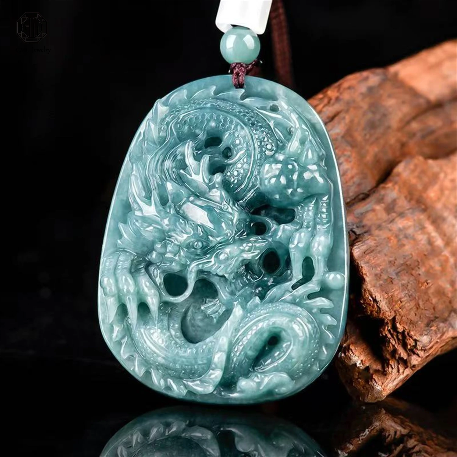 Natural Grade A Jadeite Blue Water Majestic Dragon Zodiac Plaque Pendant Ice Translucent Unisex Men Women Gemstone Necklace