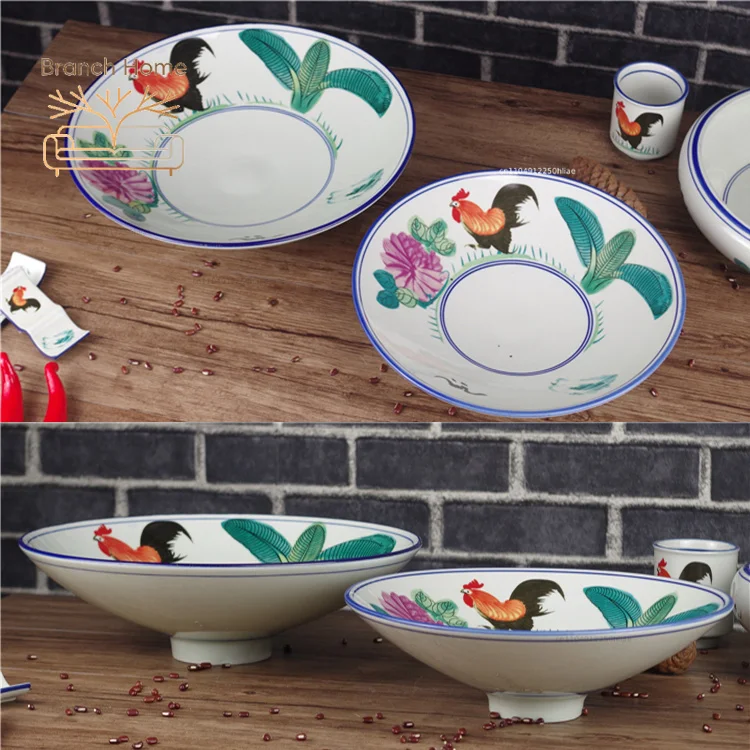 9 inch For restaurants home tableware big red rooster pattern Ceramic Home Bowl Instant Noodle Soup Dumplings Ramen Bowl