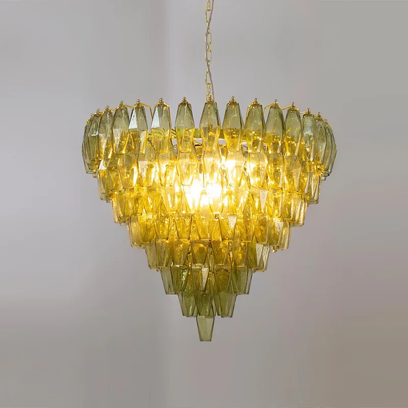 

American ceiling stainless steel green glass chandelier for restaurant, hotel lighting, dimmable, height adjustable