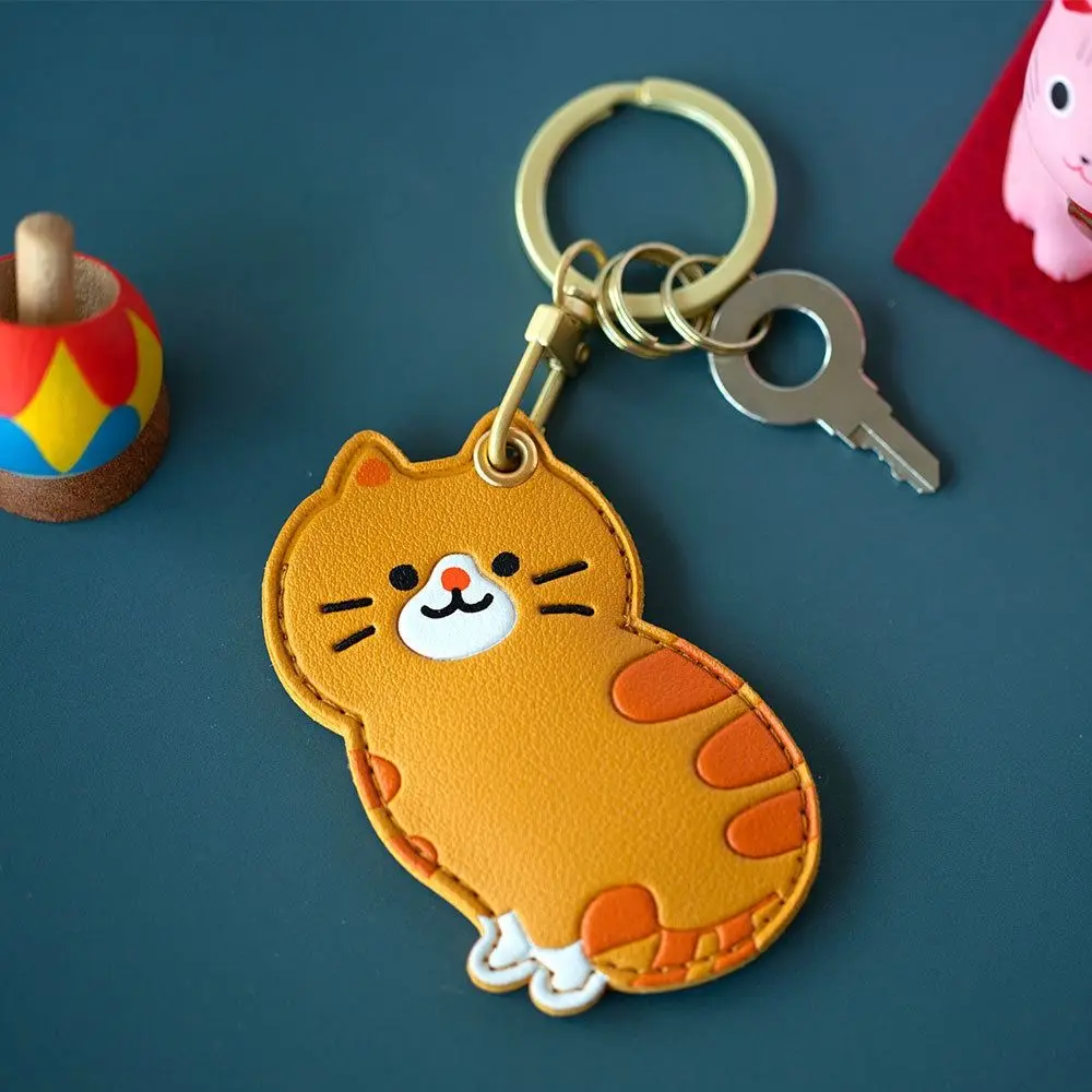 Cartoon Meow Calico Cat Keychain Creative Leather Ginger Cat Access Card Holder Funny Animal Tuxedo Cat Pendant Keyfob view 4