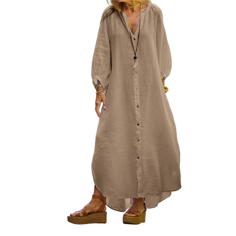 Vestido camisero de lino largo con cuello de manga larga de verano para mujer Vestido recto tipo túnica con botones sueltos