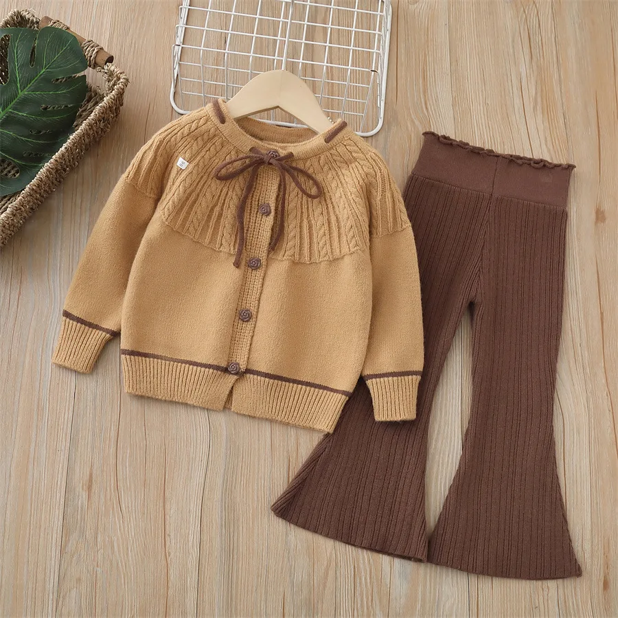 

Girls Knitted Clothes Sets Spring Autumn Children Woolen Jersey Sweaters Coats Pants 2pcs Party Suit For Baby Cute Outfits Kids