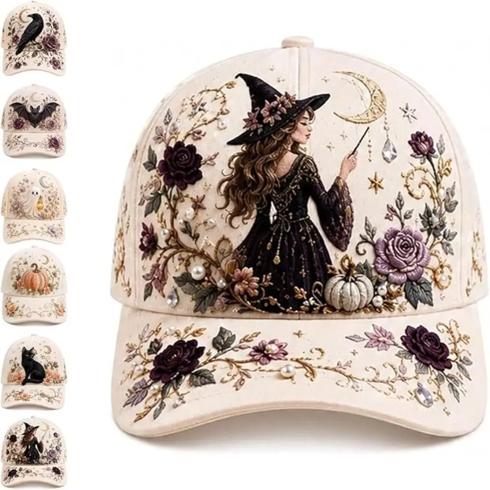 3D Embroidery Halloween Baseball Cap Adjustable Witch Ghost Pumpkin Bat Embroidered Baseball Cap Cotton Material Breathable