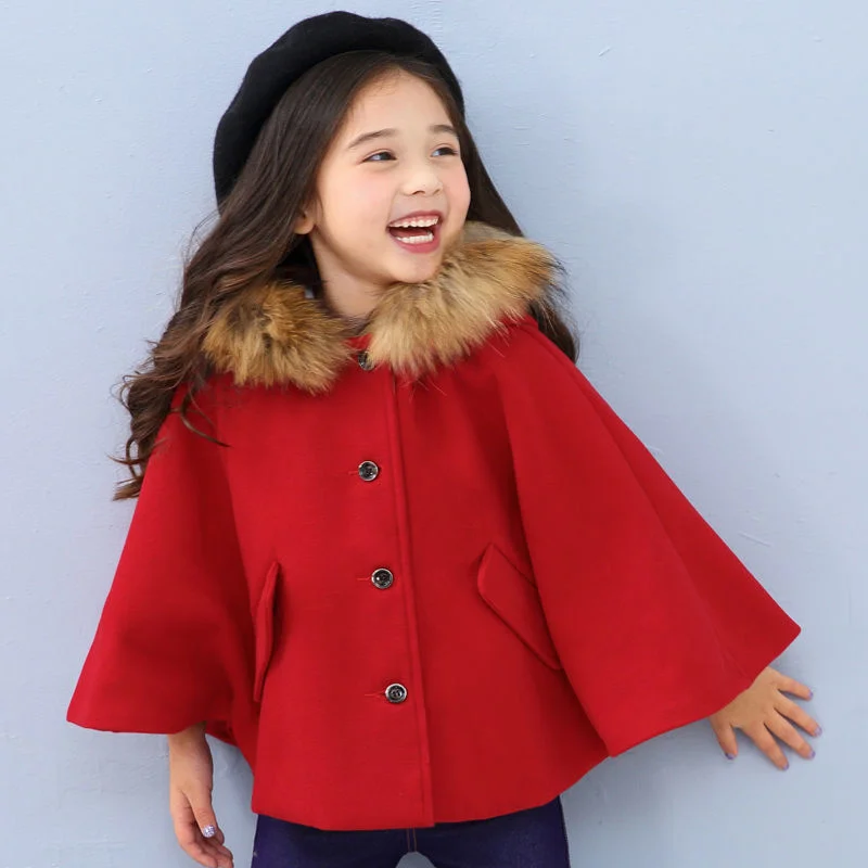 Girls Woolen Coat Jacket Cotton Cloak Windbreak 2023 Lasted Warm Plus Thicken Velvet Winter Autumn Party Children's Clothing