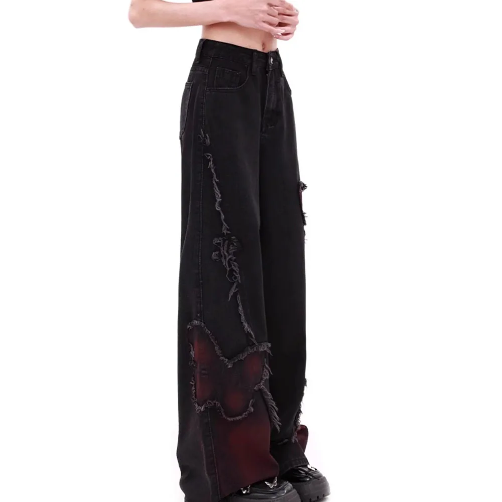 Black butterfly wide leg Jeans Women's Street Fashion Retro high waist slimming straight leg Pants