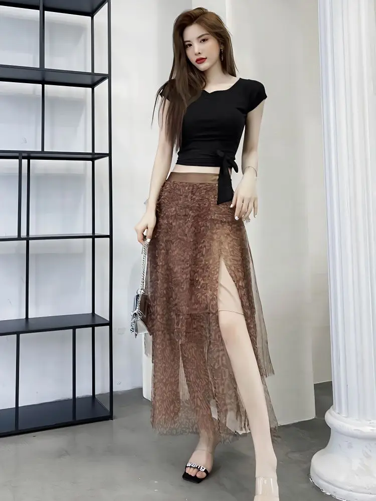 Summer New Leopard Mesh Half Skirt Multi Layered Irregular Mid Length High Waist Split Two Piece Set Trendy