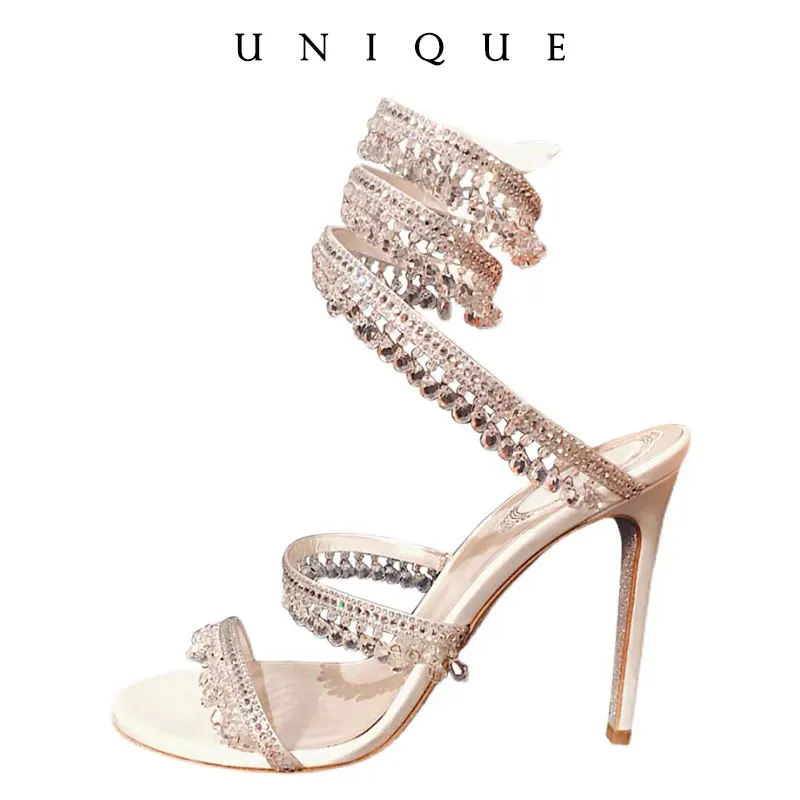 

2025 Women's New Water Diamond Sandals Fashion Tassel Crystal Shoes Sexy Banquet Party Twin Stiletto Women's Large Sandals