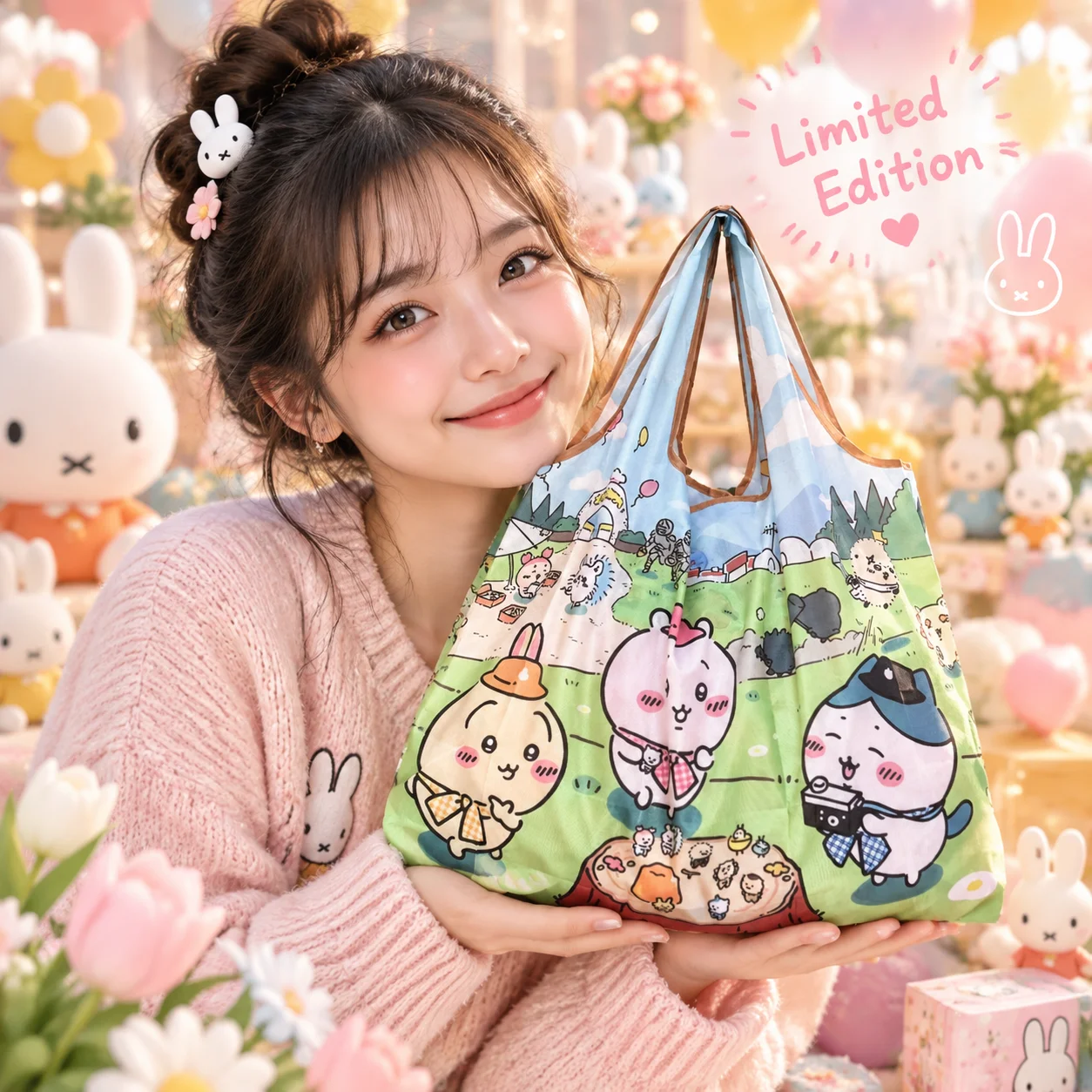 Miffy Cartoon Reusable Durable Eco Friendly Folding Shopping Tote Bag Large Capacity Lightweight Portable Market Grocery Bag