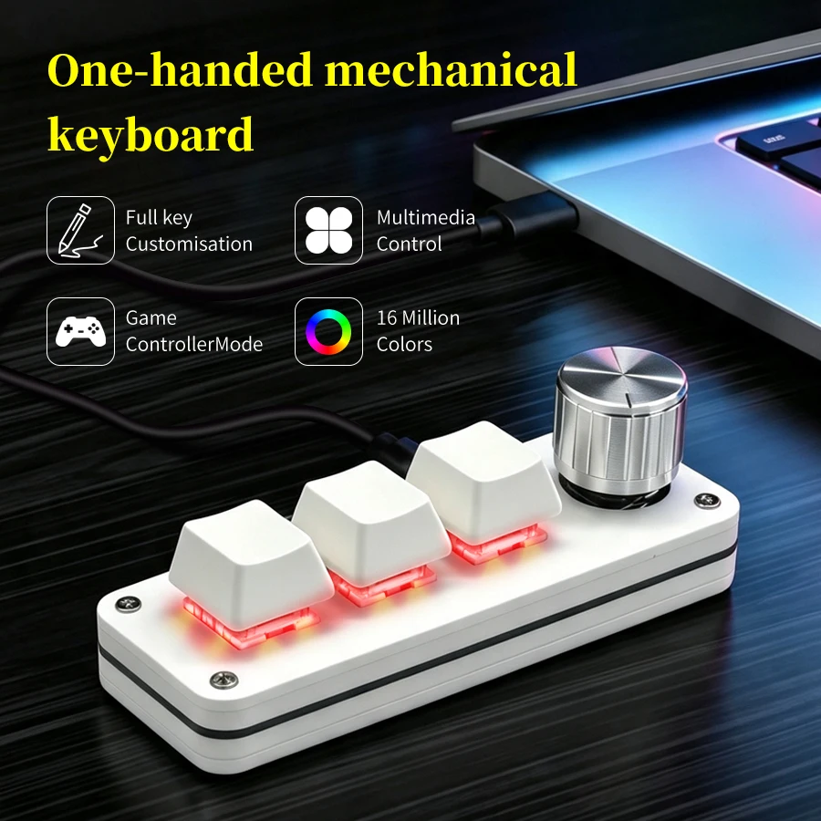 RGB 3 Keys 1 Knob Macro Programmable Mini Keyboard for Photoshop Game Music Media Hotswap Wired Keypad Mini Mechanical Macropad