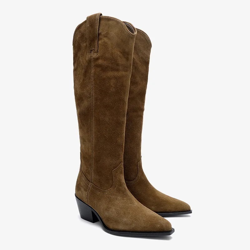 

Женские коричневые замшевые ковбойские сапоги до колена с острым носком на каблуке в западном стиле, удобные стильные для повседневной носки