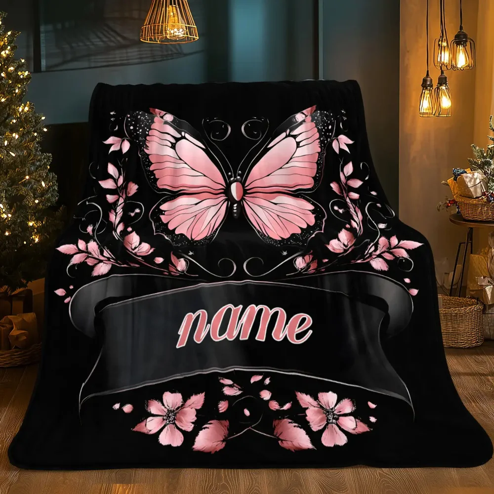 Custom name pink butterfly fleece blanket, suitable for sofa, bed, birthday, children, girls, friends, gifts