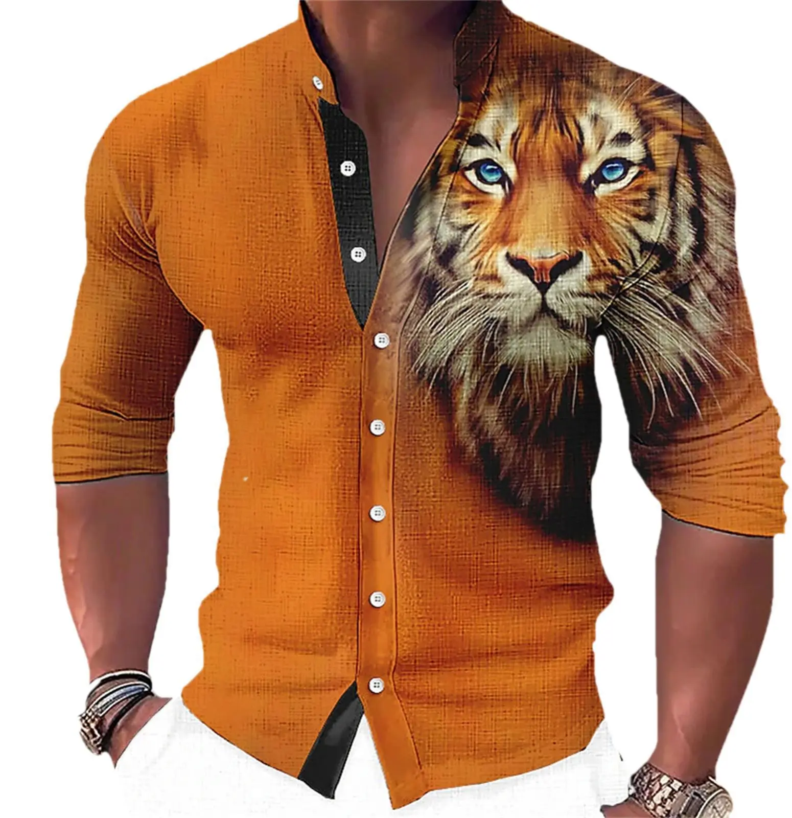 

Tiger Print Fashion Design Street Wear Men's Shirt Printed Stand Up Collar Shirt Outdoor Street Long Sleeved Clothing MB1