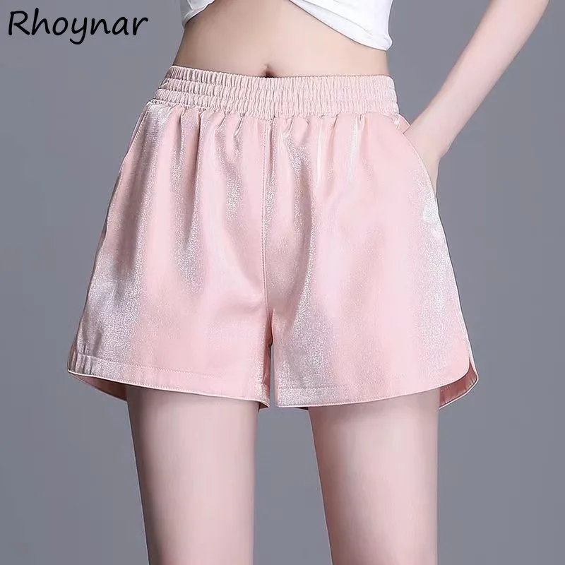 

Wide Leg Shorts Women Summer Sweet Girls College Ice Silk Elastic Waist Side-slit Trendy Ulzzang High Street Temperament Cozy