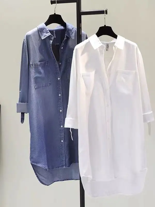 

Large Size Mid-Length Denim irt Dr Women's Autumn Winter Butt Covering White irt Korean Sle Loose Fit Long Sve