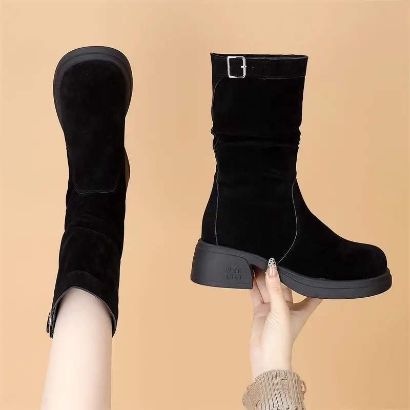 جولة تو كعب متوسط المرأة نصف أحذية عالية الخريف الشتاء الصوف مبطن منصة السيدات منتصف العجل أحذية أنيقة وأنيقة التمهيد #4