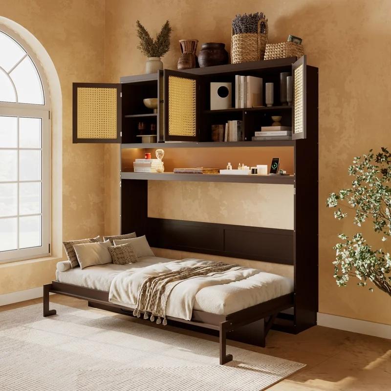 

Espresso Twin Murphy Bed with Top Cabinet, Foldable Storage Bed with Built-in Light and USB Port