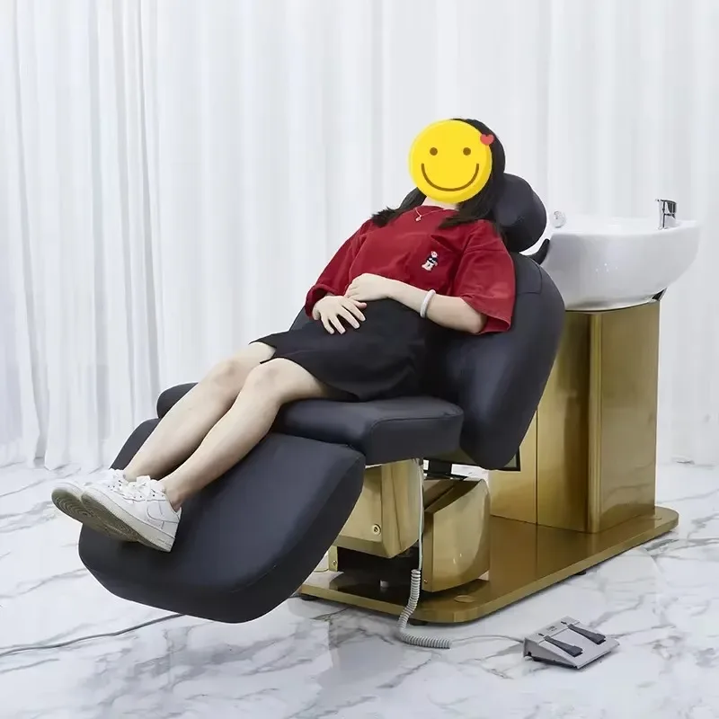Luxury White Shampoo Bowl Ceramic Basins Chairs With Gold Plated Base Barber Hair Cutting Wash Chairs For Sale