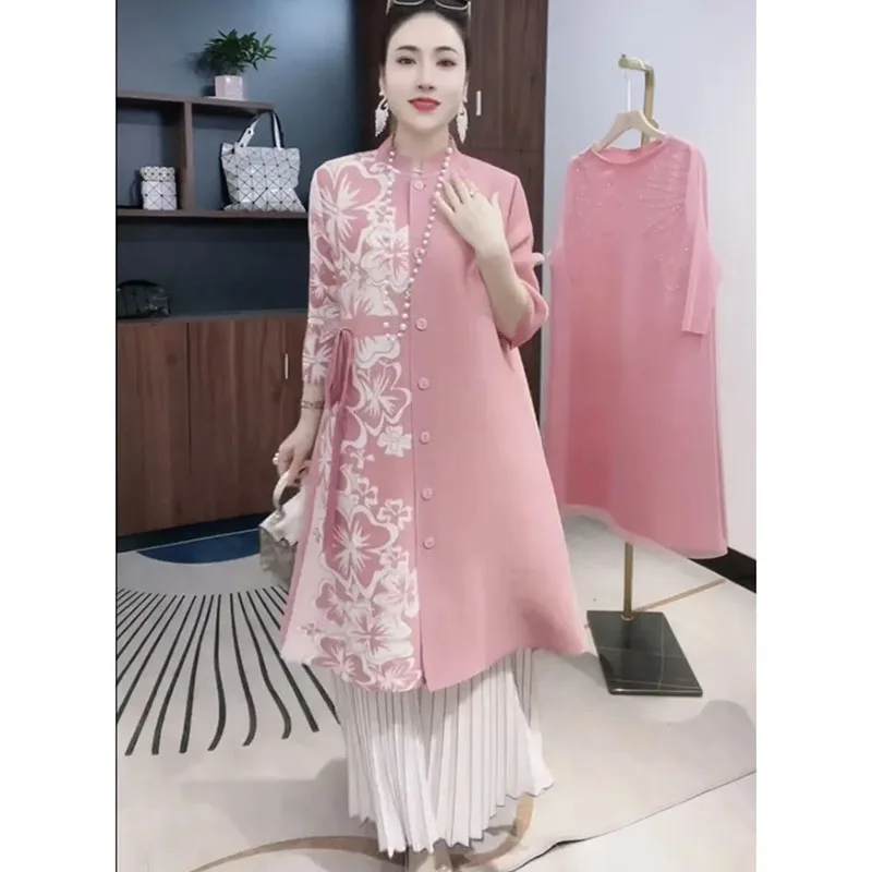 Korean Ladies Fashion Printed Jacket Autumn Women Long Sleeved Casual Windbreaker Coat Spring Female Stand Collar Miyake Outwear