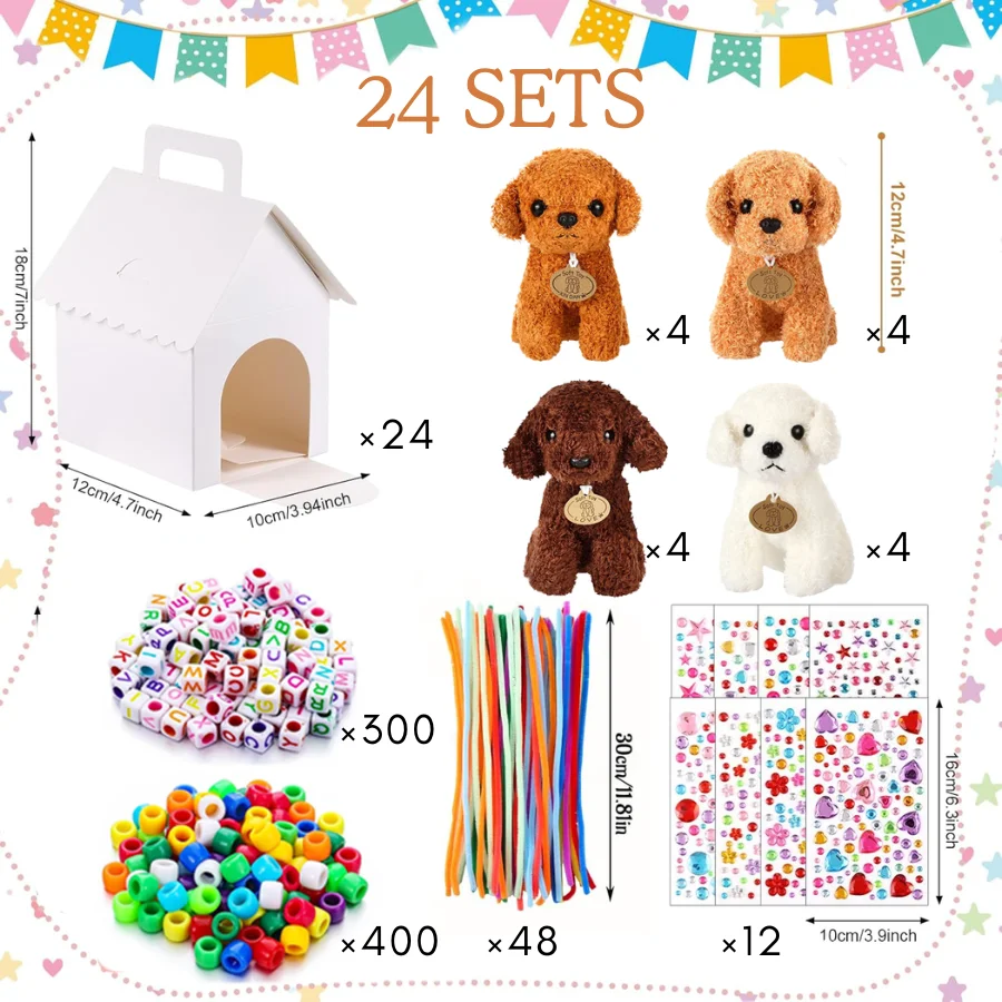 8-24 Sets DIY Adopteer Een Puppy Party Favoren Maak Je Eigen Pluche Hondje Kraal Huisdieren Kit met Hondenhuis Kraal Ketting
