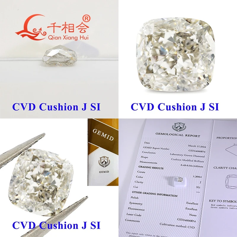 CVD diamond J  white color 1ct -1.637ct VS1 to SI  clarity cushion shape Cut GEMID certificated lab grown diamond loose stone