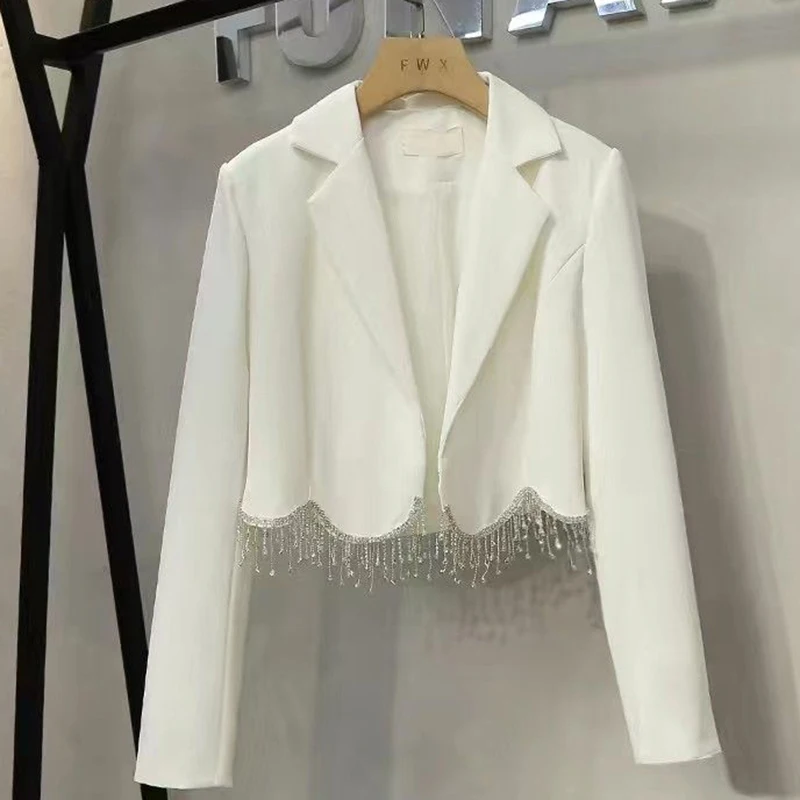 

Новинка 2024, женское дизайнерское короткое приталенное пальто с бахромой и бриллиантами, модный кардиган, маленькая куртка