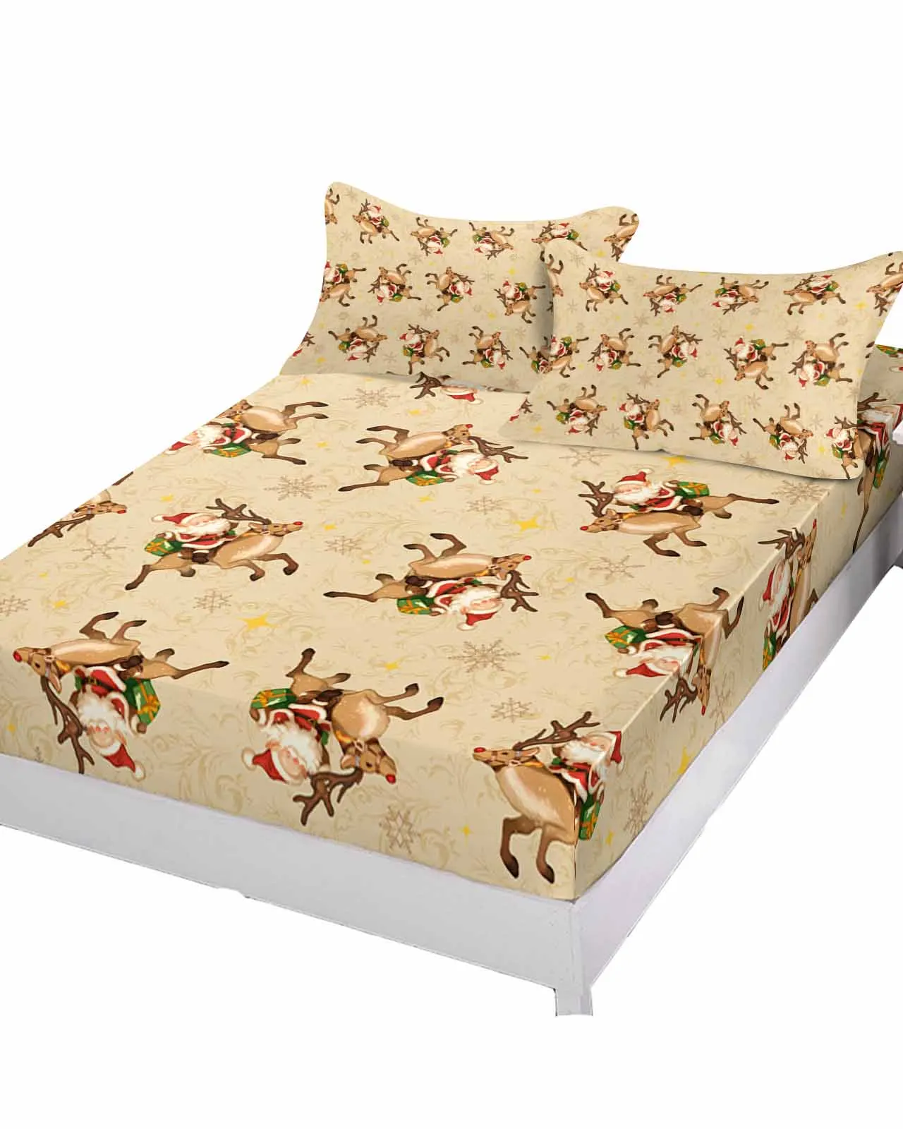 Christmas Santa Claus Reindeer  Khaki Queen Size Bed Mattress Fitted sheet Elastic Rubber Band Non-slip Bed Sheet Pillowcase Set