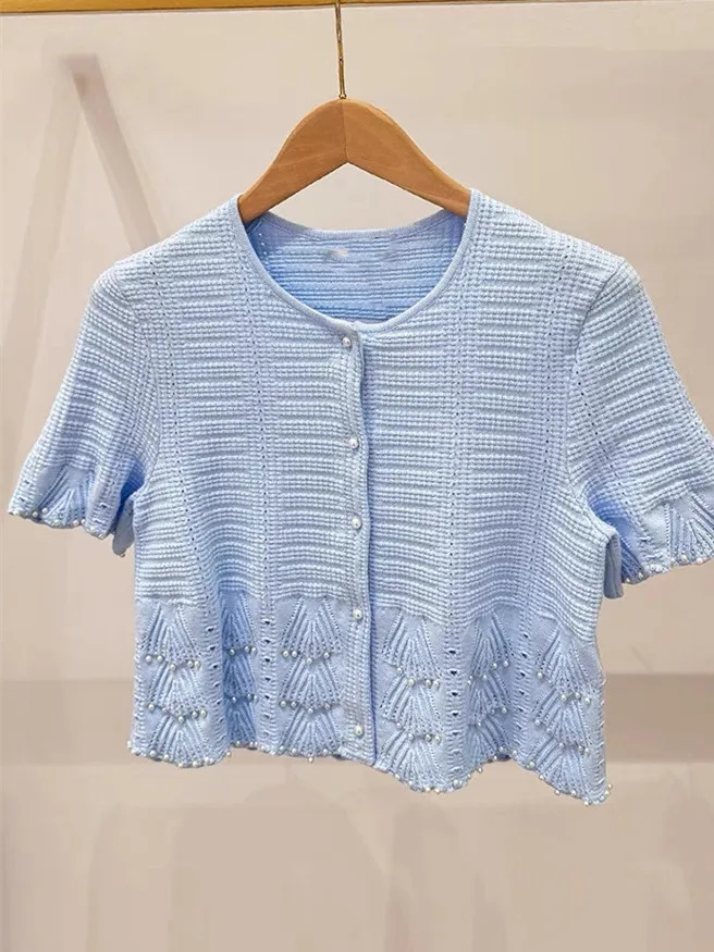 Versione di fascia alta floreale d ort Sve Cardigan aperto Top Perlaretted Hollow out European Sle Abbigliamento lavorato a maglia per le donne