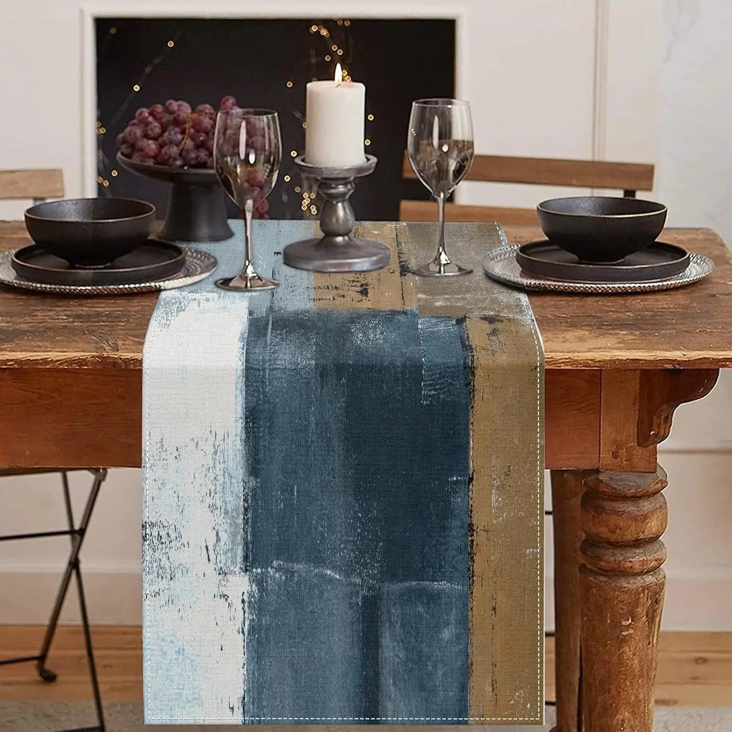 Navy Blue Table Runner - Abstract Oil Painting Gold Foil Metallic Texture Cover for Modern Dining Table Decor