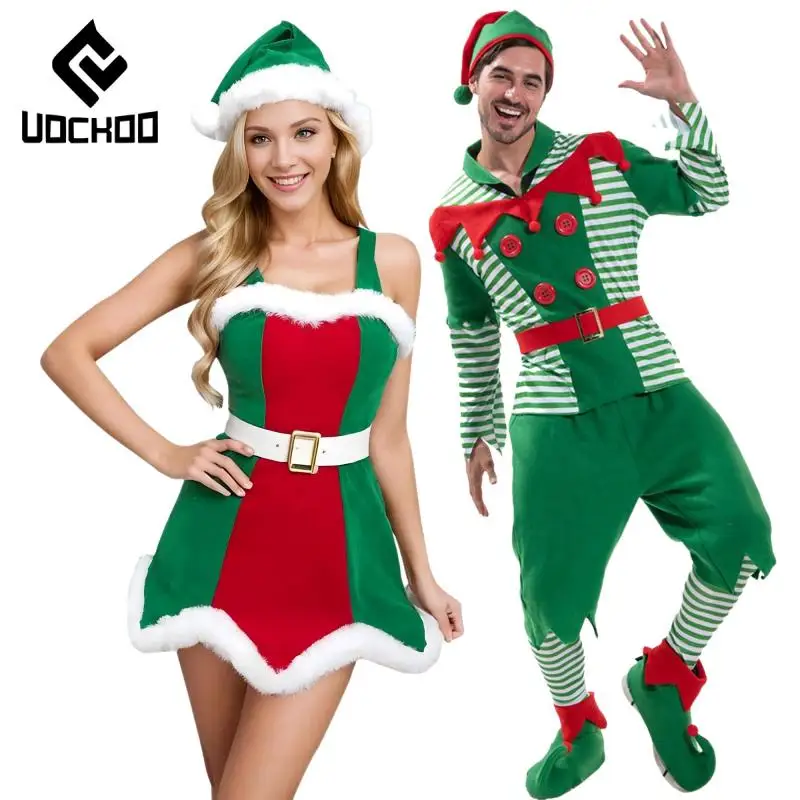 Kerst Kerstman Groene Elf Kostuum Past Volwassen Xmas Party Outfits Vrouwen Mouwloze Jurk Mannen Aankleden Paar Set