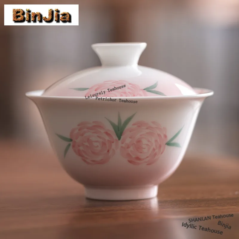 

Hand-painted Rose White Porcelain Gaiwan Boutique Tea Tureen Tea Bowl With Lid Kit Tea Brewing Cover Bowl For Tea Ornaments Gift