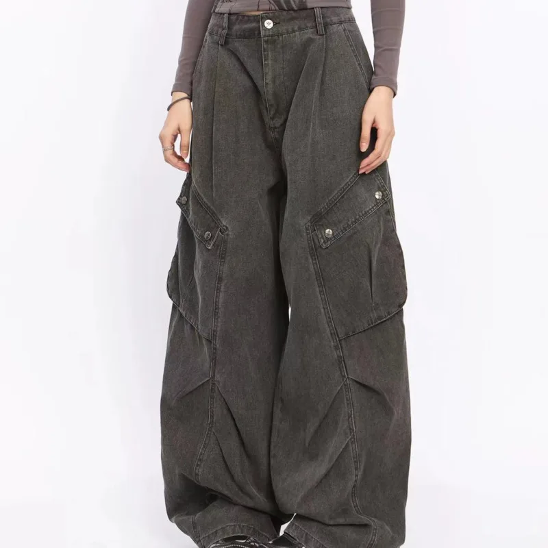 ANJY Spring Autumn New Women American Style Vintage Washed Pleated Large Pockets Jeans Stylish Wide-leg Denim Cargo Pants A25581