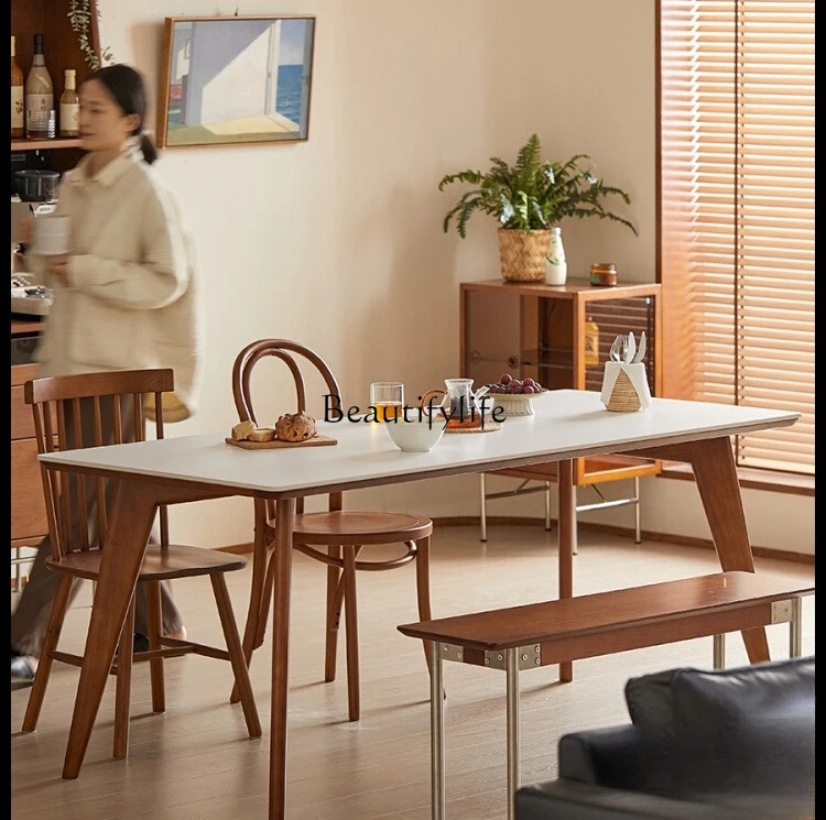 

Solid Wood Rock Plate Dining Table White retro Rectangular scandinavian Modern Minimalist