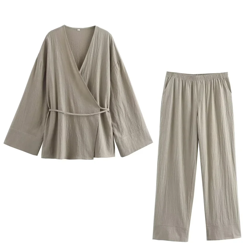TRAF Loose Women 2 Piece Set Lace-Up Coat And Wide Leg Lady Pants 2024 Spring Summer Fashion Casual Elegant Lady Pajamas Set