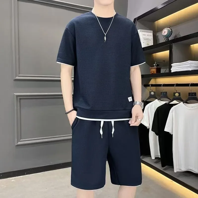 2026 Summer New Men Waffle Solid Color Sports and Leisure Set Korean Fashion Round Neck Short Sleeve T-shirt Two Piece Set