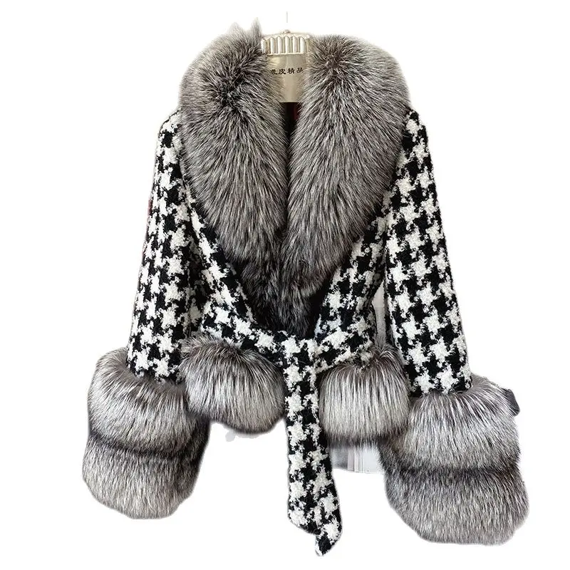 

2023 New V-neck Faux Fox Fur Coat Female Short Houndstooth Fashion Winterbig Fur Collar Temperament Cloak Femaleovercoat Tide