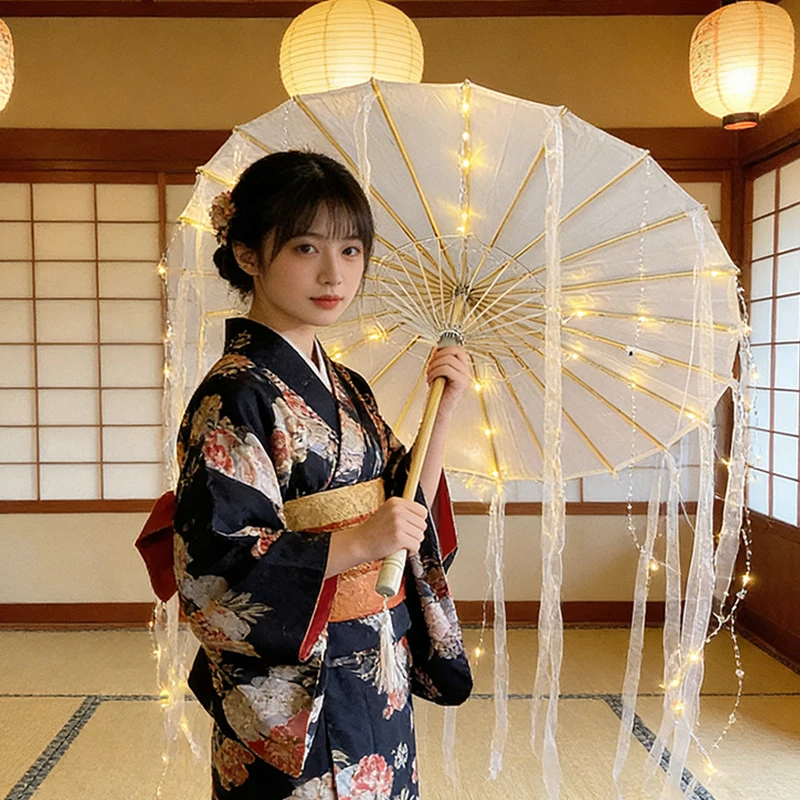 LED Chinese Japan Yarn Oiled Paper Umbrella Silk Cloth LED Umbrella Drama Craft Umbrella Ancient Princess Umbrella Cosplay Props