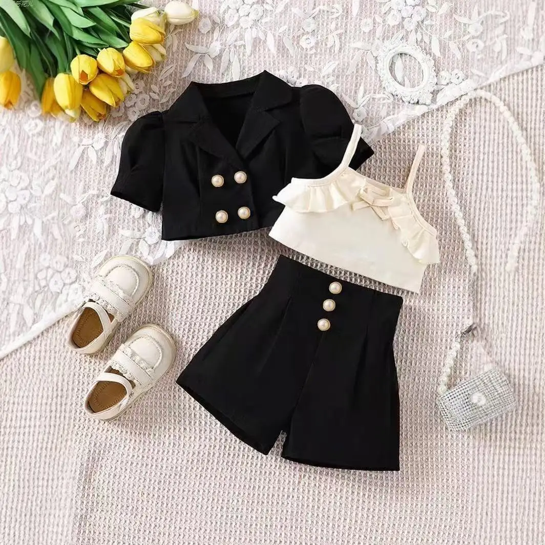 

Children's Vest Jacket High Waisted Set for Girls Summer New Style Camisole Small Fragrant Style Shorts Short Sleeved Suit 2PCS