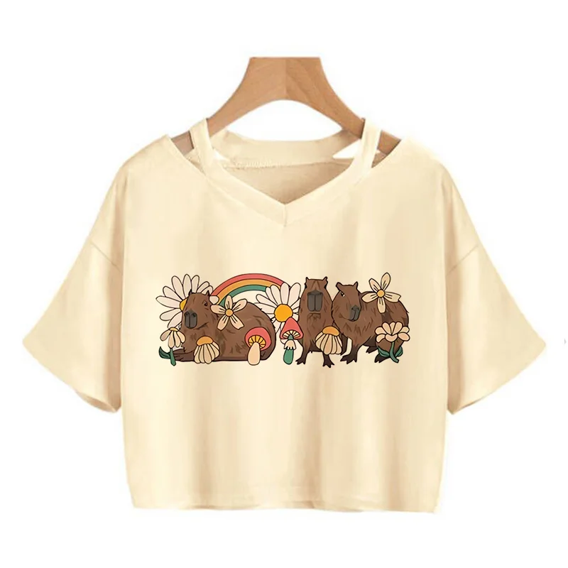 Women Capybara Crop Tops Capibara Cartoon Manga Kawaii Tee Shirt Funny Fashion Cropped Harajuku Graphic 2000s Y2k Tshirt Female