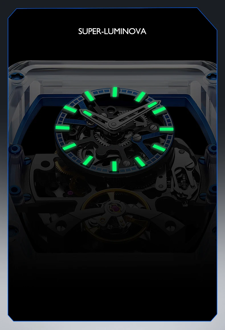 Bonest gatti relógio automático masculino de luxo 45mm caixa tonneau relógio de pulso mecânico esqueleto safira luminosa pulseira de borracha fluorada