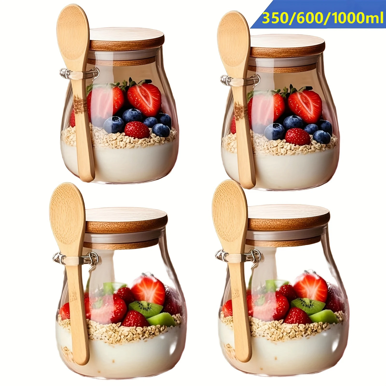Tazas de vidrio de 350ml, juego de tazas de avena durante la noche con tapas y cucharas para ensaladeras, tarros de avena, tazas de avena, contenedores de preparación de comidas