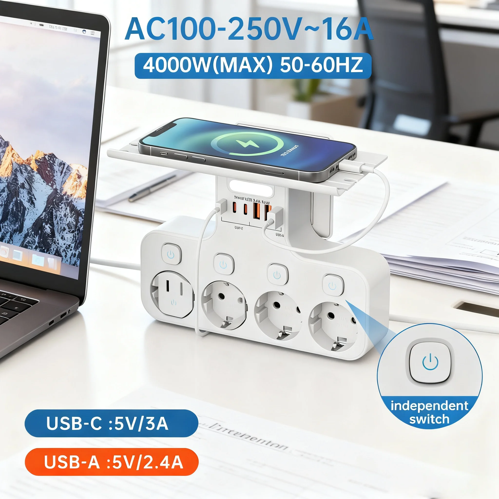EU Multi-Function Power Strip,3250W Wall Mount,Independent Switches,Sensor Night Light,Detachable Holder,4AC+3USB-C+3USB-A Ports
